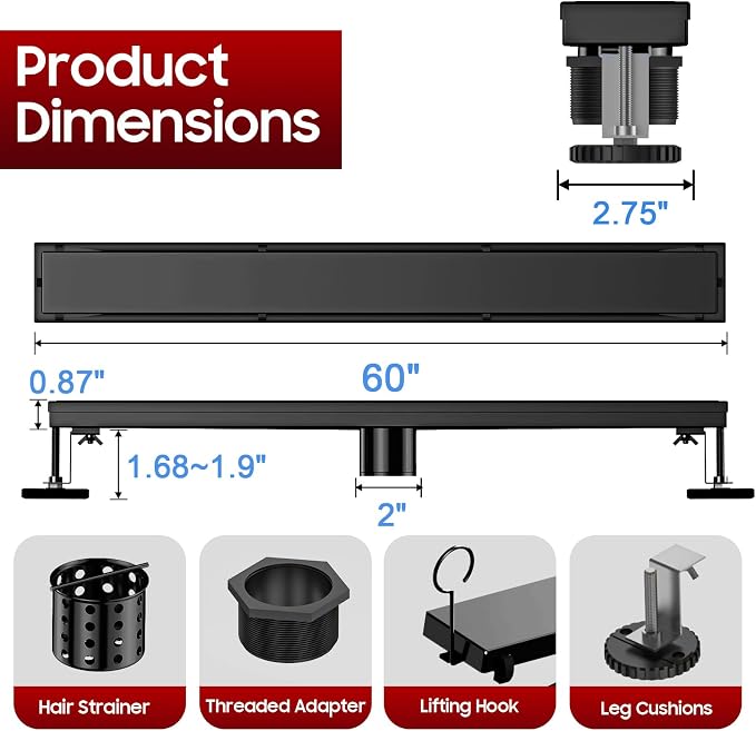 DLONE® Linear Shower Drain - 60 Inch Matte Black, with Tile Insert Pane | AISI 304 Stainless Steel Linear Drain, Rectangle Shower Floor Drain, with Adjustable Feet, Fits Bathroom & Balcony etc