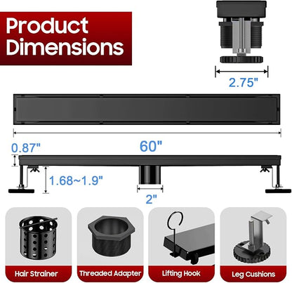 DLONE® Linear Shower Drain - 60 Inch Matte Black, with Tile Insert Pane | AISI 304 Stainless Steel Linear Drain, Rectangle Shower Floor Drain, with Adjustable Feet, Fits Bathroom & Balcony etc