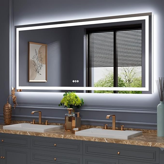 LED Bathroom Mirror, 68"X38" with Front Light and Backlit | Stepless Dimmable, Anti-Fog, Shatter-Proof, HD Reflection, Memory, 3 Colors Lighting, UL Listed (Horizontal/Vertical).