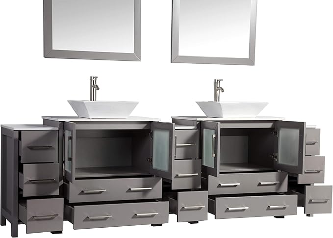 Vanity Art 96 Inch Vessel Double Sink Bathroom Vanity Cabinet with 2 Mirrors, Engineered Marble Top Bathroom Cabinet Compact Set with 13 Dovetail Drawers and Soft Closing Doors, VA3130-96-G