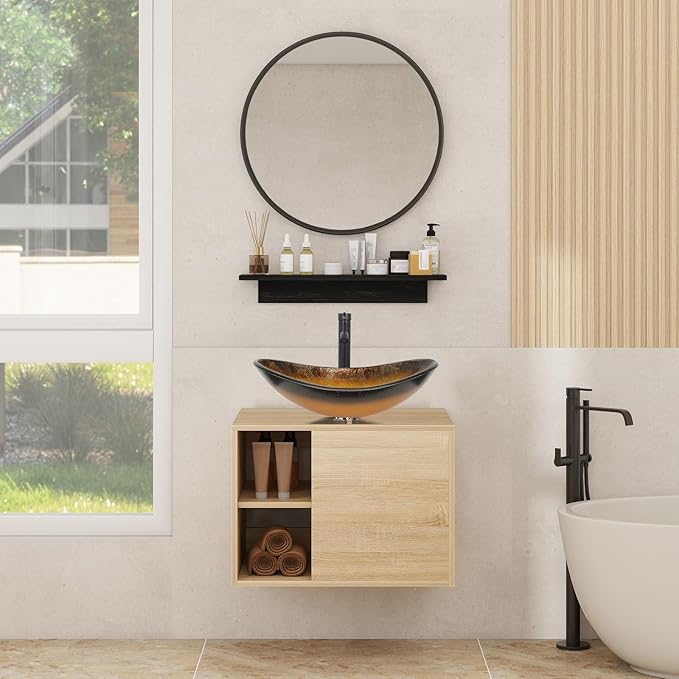 YOURLITE 24" Floating Bathroom Vanity, Wall-Mounted Bathroom Vanity and Sink Combo with Mirror and Faucet & Pop Up Drain Set,Red&Black Boat Glass Bathroom Sink