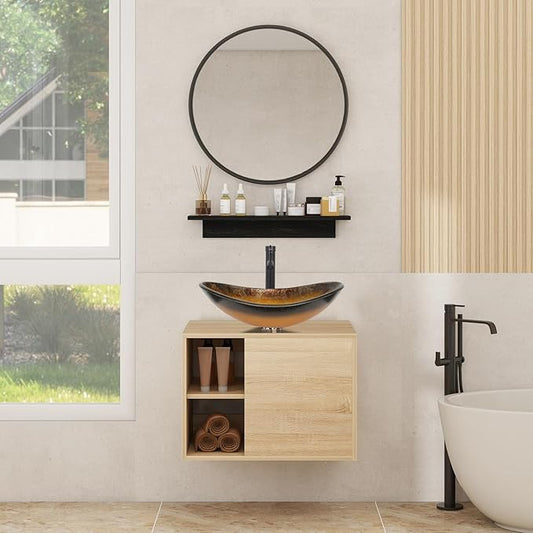 YOURLITE 24" Floating Bathroom Vanity, Wall-Mounted Bathroom Vanity and Sink Combo with Mirror and Faucet & Pop Up Drain Set,Red&Black Boat Glass Bathroom Sink