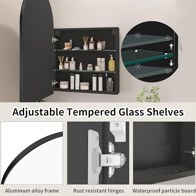 FKWin Medicine Cabinet Mirror, Surface Mount for Small Bathroom, 20x32 Inch | Mirror Medicine Cabinet, Large Storage, Adjustable Shelves, Reversible Door, Space-Saving Design for Small Bathroom, Black