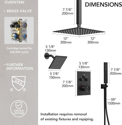 Ceiling Mount 12" High-Pressure Rainfall Shower Faucet, Dual Rainfall Shower Head System with Valve (Matte Black)