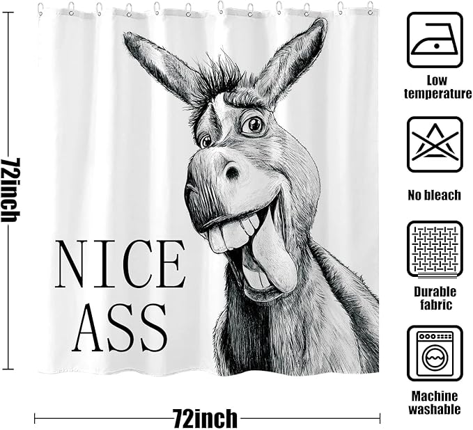 Funny Donkey Shower Curtain Rustic Farmhouse Shower Curtains for Bathroom Black and White Fun Cute Animal Wildlife Waterproof Fabric Bath Curtain Decor 72 X 72 Inch