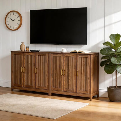 Wood Buffet Storage Cabinet, 3-Door Sideboard Credenza with Fluted Doors & Adjustable Shelves, Freestanding Coffee Bar Cabinet for Kitchen, Living Room, Walnut Brown
