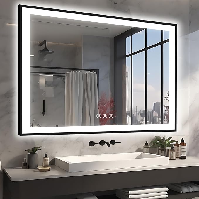 EchosLife 51x40 Bathroom Light up Mirror, Black Framed Double Lights Mirror | Black Frame, Front and Backlit, Anti-Fog, Stepless Dimmable, 3 Colors, Memory, Tempered Glass, UL Listed, Horizontal/Vertical