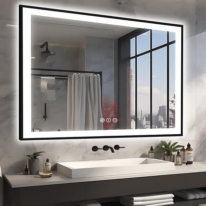 EchosLife 51x40 Bathroom Light up Mirror, Black Framed Double Lights Mirror | Black Frame, Front and Backlit, Anti-Fog, Stepless Dimmable, 3 Colors, Memory, Tempered Glass, UL Listed, Horizontal/Vertical