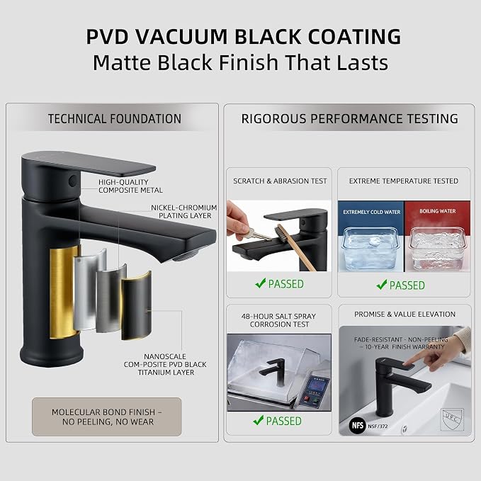 BELZ Black Bathroom Faucet, Lead-Free Single Hole Sink Faucet for Vanity | NSF372 Certified, Anti-peeling PVD Black Finish, Water-saving & Anti-splash, Single Handle Modern Design with Hot/Cold Hoses