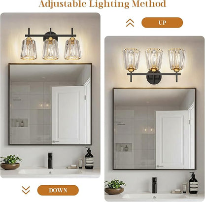 Crystal Bathroom Light Fixtures Over Mirror, Black Gold 3-Light Bathroom Vanity Lights Over Mirror Modern Wall Lighting Sconces with Ceramic E26 Base (Bulbs Not Include)