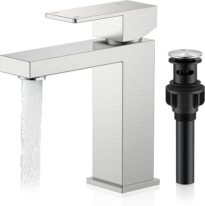 Brushed Nickel Bathroom Faucet 1 Hole, Single Handle Vanity Faucet | Bathroom Sink Faucet with Pop Up Drain & Supply Lines, Lead-Free cUPC & NSF Certified, 1 Handle Faucet for Vanity RV Restroom
