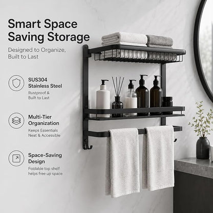 23 Inch Towel Rack for Bathroom with 3 Tier Shelf Double Bar Hook (Black) | 90 Degree Foldable Top Design, Wall Mounted Storage Shelf of 304 Stainless Steel, No Drill or Screw Installation