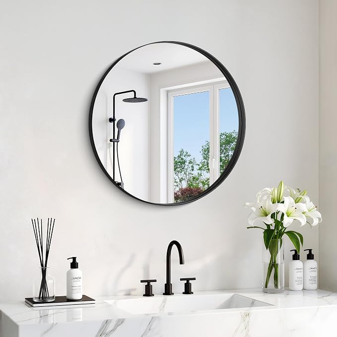 Black Round Mirror 18 inch Deep Frame Circle Mirror, Metal Framed Bathroom Mirror, Round Vanity Mirror, Circle Mirrors for Wall Entryway Bedroom Living Room Hallway