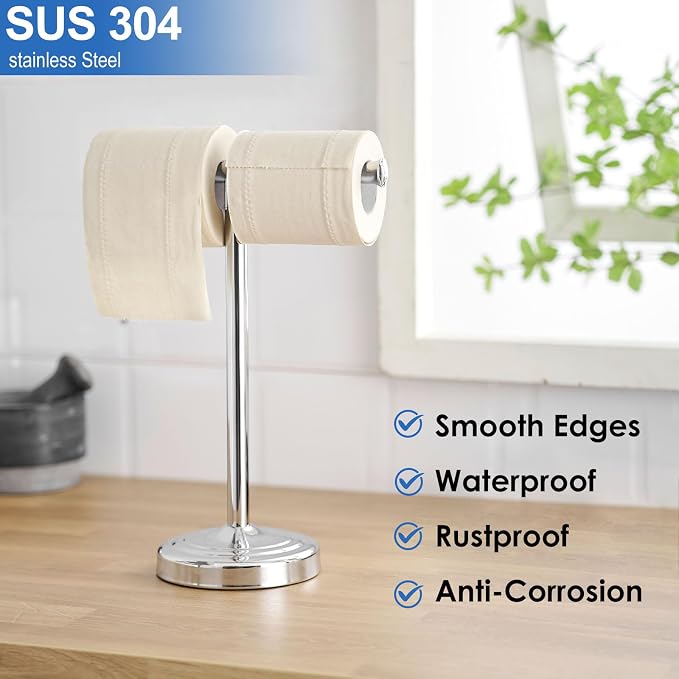 RUMOSE Polished Chrome Hand Towel Holder Stand Countertop Towel Rack | 13 Inch Bathroom Kitchen Vanity T-Shape Towel Stand Free Standing Stainless Steel Towel Bar Towel Ring