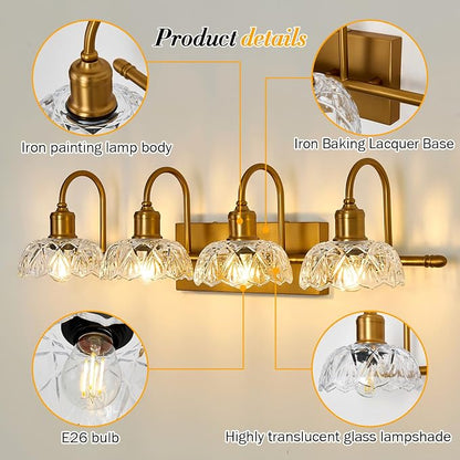 UOFUS 4-Light Gold Vanity Light Vintage Bathroom Lighting Fixtures | Over Mirror with Clear Glass Shade