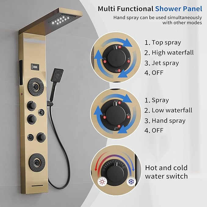 Brushed Gold Shower Panel LED Rainfall Shower Head, Bathroom Shower Panel Tower System Body Massage 6-Functions Temperature Display Wall Mount, Gold