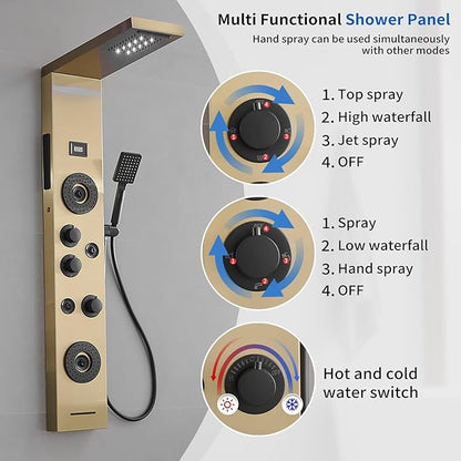 Brushed Gold Shower Panel LED Rainfall Shower Head, Bathroom Shower Panel Tower System Body Massage 6-Functions Temperature Display Wall Mount, Gold