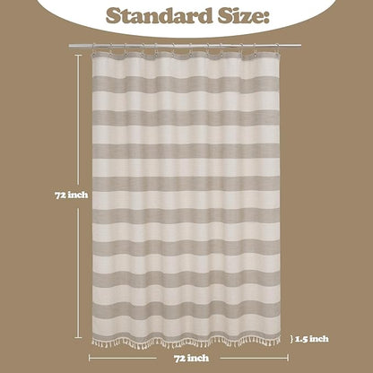 Boho Farmhouse Thick Tan Shower Curtain with Tassels, 350GSM Cotton Linen Soft Fabric Shower Curtain Heavyweight, 72 x 72 Inch Beige Brown Striped Country Bathroom Decor Curtain Water Repellent