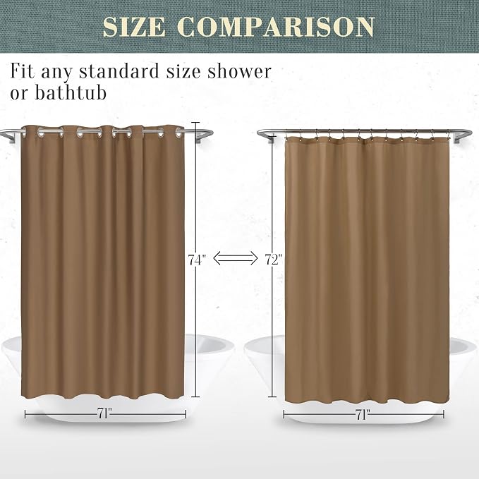 No Hook PEVA Shower Curtain or Liner, Standard Size 71 x 74, Brown | 8G Heavy Duty, Brown Bathroom Shower Curtain, No Hooks Required, Waterproof Plastic & PVC Free