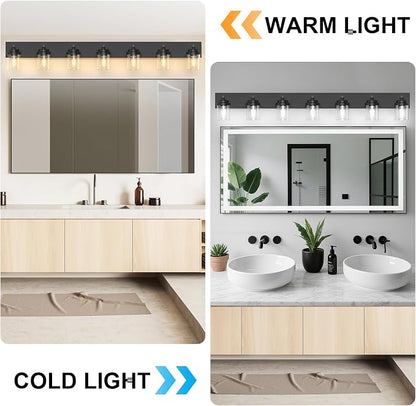 IZORRO Bathroom Vanity Light Fixture, 7-Light 52 inch Matte Black Bathroom Light Fixtures Over Mirror, with Clear Glass Shade, Modern Farmhouse Vanity Lights, Rustic Restroom Lighting Fixtures