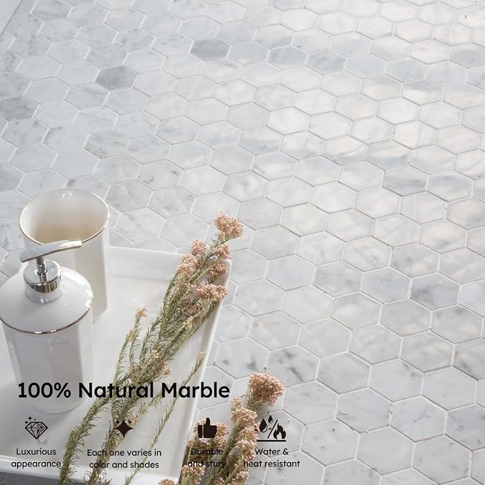 Carrara White Marble Mosaic Tile, 2 Inch Hexagon, Polished, 5 Sheets | Natural Bianco Carrera, Marble Stone Backsplash Tiles for Kitchen, Bathroom, Shower Wall and Floor