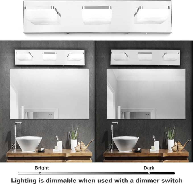 GOODATE 3 Colors Dimmable Bathroom Light Fixtures Over Mirror, LED Chrome Vanity Lights, Acrylic Stainless Steel 3 Light Bathroom Vanity Light, Adjustable 3000K/4000K/6000K, 360° Rotate