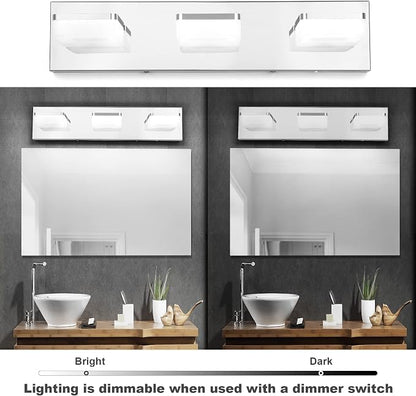 GOODATE 3 Colors Dimmable Bathroom Light Fixtures Over Mirror, LED Chrome Vanity Lights, Acrylic Stainless Steel 3 Light Bathroom Vanity Light, Adjustable 3000K/4000K/6000K, 360° Rotate