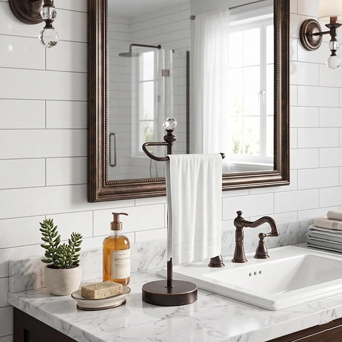 ROLABAM Heavy Weighted Hand Towel Holder(with Crystal Ball) Standing Hand Towel Holder Total Height 15.7'' for Kitchen,Bathroom,Vanity,Classic Decorative Metal Hand Towel Stand,Oil Rubbed Bronze