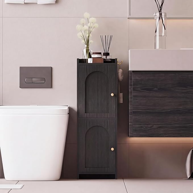 Arbuxzuy Small Bathroom Storage Cabinet with 2 Doors and Adjustable Shelf | Black Corner Floor Cabinet, Narrow Toilet Paper Cabinets with 2Hooks,Toilet Organizer for Small Spaces, 7.87"D*9.84"W*29.72"H