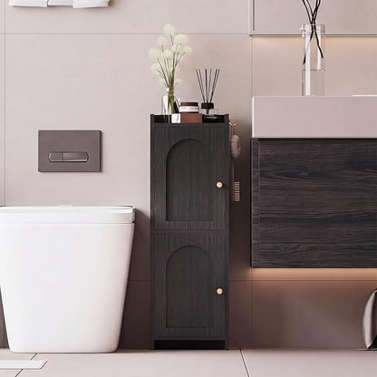 Arbuxzuy Small Bathroom Storage Cabinet with 2 Doors and Adjustable Shelf | Black Corner Floor Cabinet, Narrow Toilet Paper Cabinets with 2Hooks,Toilet Organizer for Small Spaces, 7.87"D*9.84"W*29.72"H