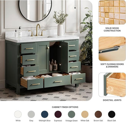 Beckford 48-inch Vintage Green Bathroom Vanity with Center Rectangle Single Sink, Carrara White Quartz Countertop & Backsplash, Solid Wood Frame, Soft-Closing & Dovetail Drawers