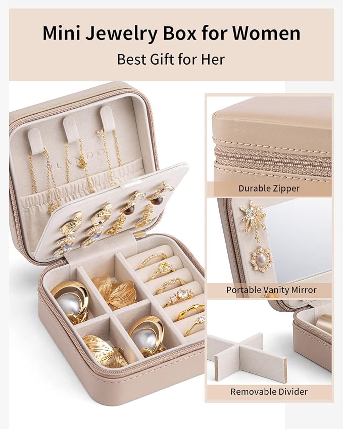 VLANDO Travel Jewelry Case with Mirror, Storage 3 Pairs of Stud Earrings | Necklace Hook for Anti-tangle, Removable Dividers, Waterproof PU Leather,Portable Storage for Rings, Necklace Gifts for Women