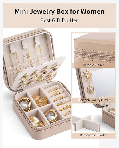 VLANDO Travel Jewelry Case with Mirror, Storage 3 Pairs of Stud Earrings | Necklace Hook for Anti-tangle, Removable Dividers, Waterproof PU Leather,Portable Storage for Rings, Necklace Gifts for Women