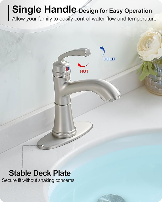 Brushed Nickel Bathroom Faucet Single Handle, Brass Bathroom Vanity Faucet 4 Inch Bathroom Sink Faucet 1 Hole or 3 Holes, Bathroom Faucets with Deck Plate & Pop-up Drain, No Noise