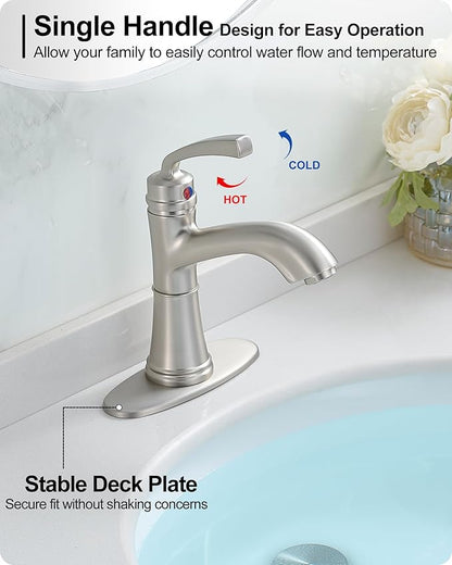 Brushed Nickel Bathroom Faucet Single Handle, Brass Bathroom Vanity Faucet 4 Inch Bathroom Sink Faucet 1 Hole or 3 Holes, Bathroom Faucets with Deck Plate & Pop-up Drain, No Noise