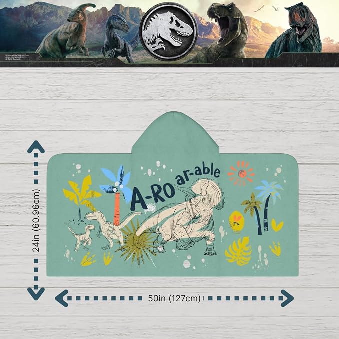 Jurassic World Kids Super Soft Bath/Pool/Beach Soft Cotton Terry Hooded Towel Wrap, 24 in x 50 in, (Officially Licensed Product) By Franco