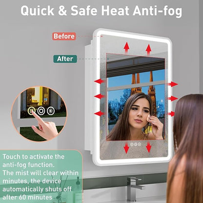 20x28 Inch Medicine Cabinet with Mirror, Recessed or Surface Mount Bathroom Medicine Cabinet with LED Lights, Anti-Fog, Memory Function, Adjustable Shelf, Dimmable Light, ETL Listed, White,Right Hinge