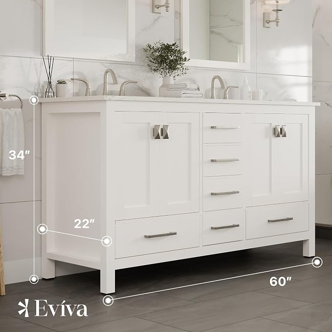 Aberdeen 60 in. White Double Sink Bath Vanity with Carrara Quartz Top and Undermount Porcelain Sinks
