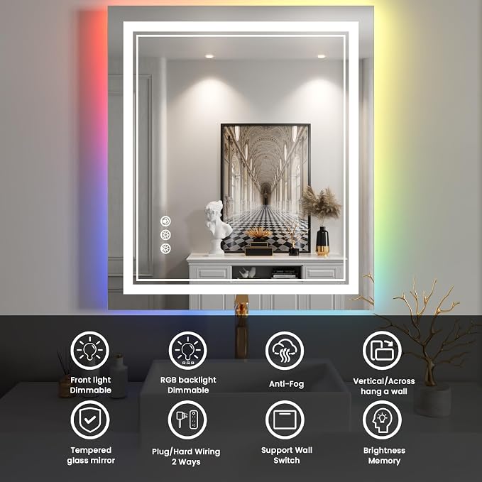 28x32 Inch RGB LED Bathroom Mirror with Lights | Front and RGB Backlit, Dimmable, Memory, Anti Fog, Shatterproof, Horizontal/Vertical, Lighted Mirrors for Bathroom Wall