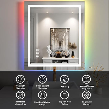 28x32 Inch RGB LED Bathroom Mirror with Lights | Front and RGB Backlit, Dimmable, Memory, Anti Fog, Shatterproof, Horizontal/Vertical, Lighted Mirrors for Bathroom Wall