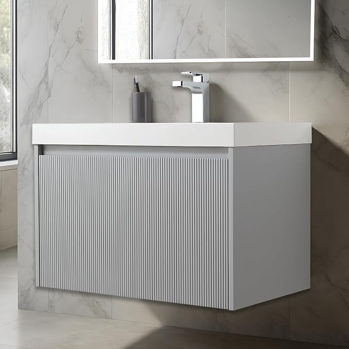 Blossom 30 Inch Bathroom Vanity with Sink | All Wood Wall Mounted Floating Vanity Cabinet with Acrylic Sink | Soft-Close Drawer | Modern Minimalist Style Vanities (30" w/Acrylic Basin, Light Grey)