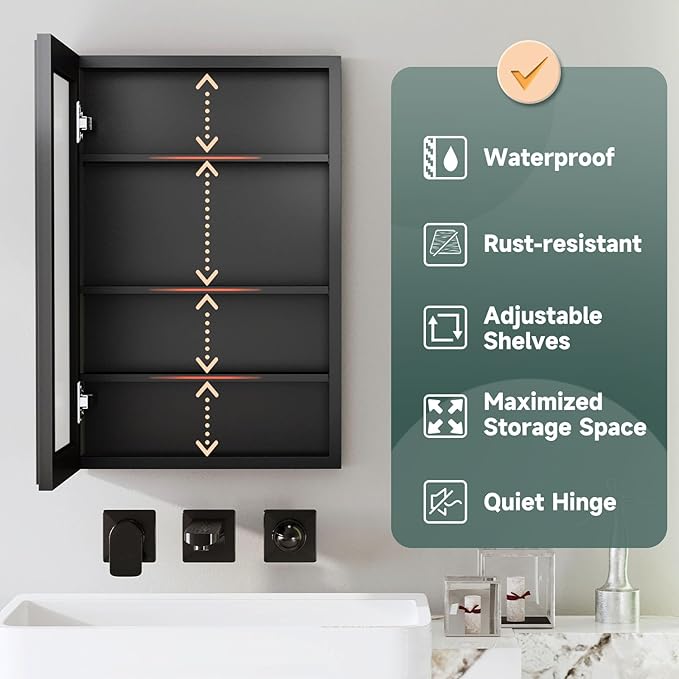 16x24 Inch Medicine Cabinet Mirror for Bathroom Recessed Medicine Cabinet with Mirror or Surface Wall-Mounted Aluminum Alloy Framed Bathroom Cabinet Mirror Black Metal