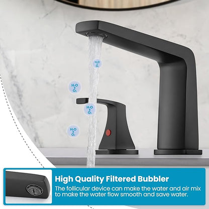 gotonovo Bathroom Sink Faucet 3 Holes 2 Handles Widespread 8 Inch Bathroom Faucet with Pop Up Drain Hot Cold Water Supply Lines Lavatory Vanity Mixer Tap, Thin Style, Matte Black