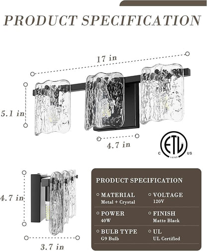 3-Light Bathroom Vanity Light, Black Bathroom Light Fixture Over Mirror with Clear Glass, Modern Bath Wall Sconce Light for Bath Restroom, OS-MM5002-3BK