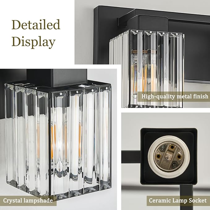 Matte Black Bathroom Light Fixtures, 2-Light Square Crystal Vanity Light | Wall Sconces with Square Crystal Shades, E26 Socket, Modern Vanity Lights for Bathroom (Bulbs Not Included)