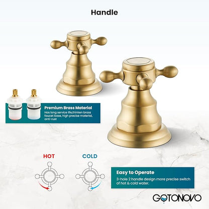 gotonovo 3 Hole Widespread Bathroom Sink Faucet Double Cross Handle Mixer Tap Faucet for Bathroom Sink Vanity Faucet Deck Mount Basin Hot Cold Water Matching Pop Up Drain Brushed Gold