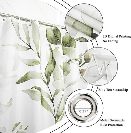 Olive Green Shower Curtain, Watercolor Eucalyptus Leaves Botanical Plants with Floral Bathroom Curtain Home Bathtub Decor Waterproof Fabric Machine Washable with 12 Hooks,72" Wx72 L