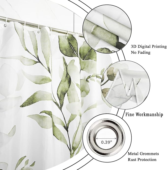 Olive Green Shower Curtain, Watercolor Eucalyptus Leaves Botanical Plants with Floral Bathroom Curtain Home Bathtub Decor Waterproof Fabric Machine Washable with 12 PCS Hooks,60" Wx72 L