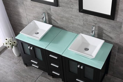 Black 60 Inch Bathroom Double Vanity Cabinet w/Mirror Top Glass and Countertop Double Ceramic Vessel Sink Combo