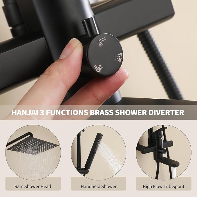 Exposed Shower System 10" Matte Black Rainfall Shower Head with 2 Modes Handheld and Tub Faucet Set, Square Shower Head 3 Functions Outdoor Shower Fixtures with Brass Valve, Height Adjustable